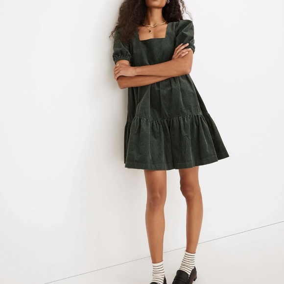 Madewell: Corduroy Aidy Square-Neck Tiered Mini Dress in Forest - Picture 5 of 9